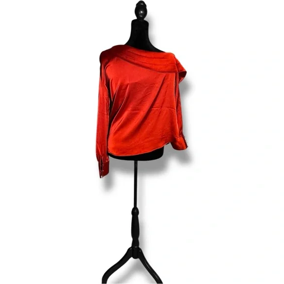 Express NWT Chic Scarlet Asymmetrical Long Sleeve Silky Cowl Neck Women's Blouse - Picture 6 of 16